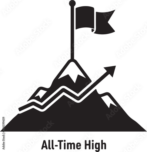 Black mountain peak with flag and upward trending arrow graph summit flagpole d