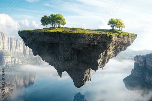 Floating island with trees over calm water and mountains in the background during daylight