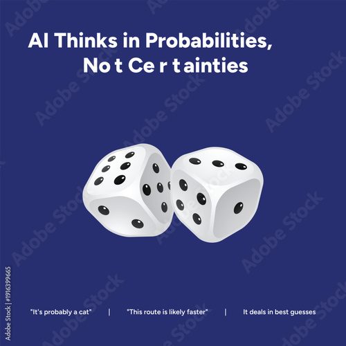 AI probabilities, not certainties: Two dice illustrate the concept of artificial intelligence making educated guesses rather than absolute predictions.