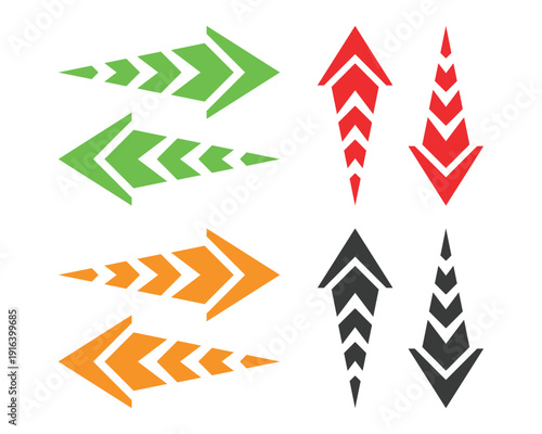 Directional tapered arrow icons with segmented lines, colorful pointers for navigation in green red orange and black