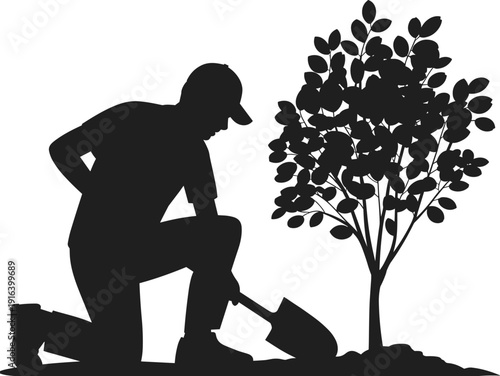 Man planting small tree with shovel, gardening silhouette illustration, environmental protection and reforestation concept, sustainable nature activity, black and white vector design