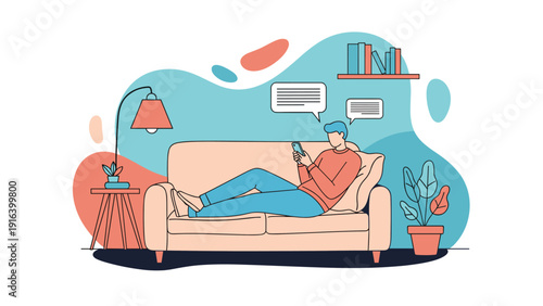 Man relaxing on a pink sofa in a cozy living room while using his mobile phone for social media or messaging.