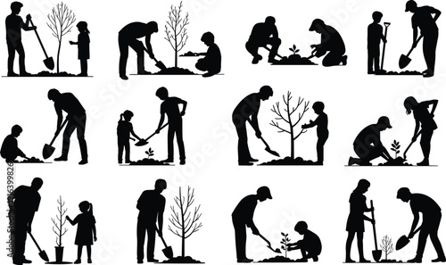 People and children planting trees silhouette set, family gardening scenes, environmental conservation activities, sustainable lifestyle concept, black and white vector illustration