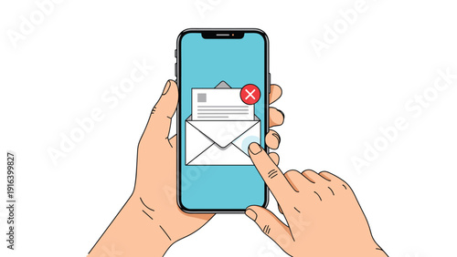 Close up view of hands holding a smartphone displaying an email notification with a red cross error symbol on the screen.