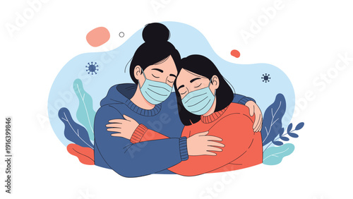 Two women wearing medical face masks and embracing each other to show love and support during the pandemic or social distancing.