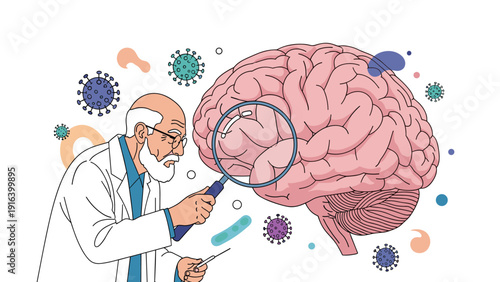 Senior doctor or scientist examining a large human brain through a magnifying glass surrounded by various virus and bacteria icons.