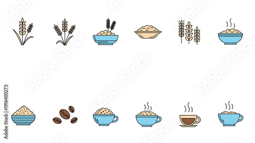 Collection of various cereal and grain icons including wheat stalks, bowls of porridge, and coffee beans in a clean design.