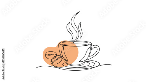 Cup of hot steaming coffee and beans in a minimalist continuous line drawing style with a modern orange accent.