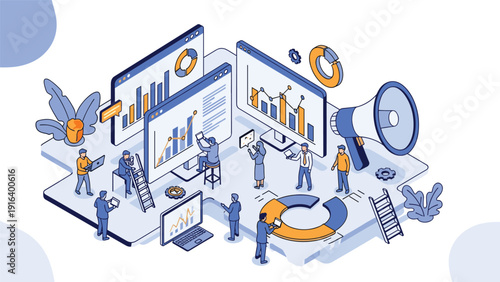 Isometric business data analysis scene with tiny people interacting with large digital charts and a megaphone.
