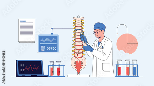 Medical researcher or doctor working in a laboratory with a model of the human spine and various test tubes.