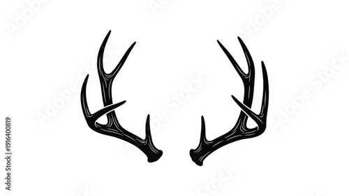 Detailed black silhouette of deer antlers with multiple points isolated on a plain white background for design.