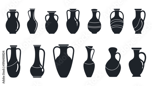 Collection of twelve different ancient Greek or Roman vase silhouettes in a clean black and white vector style.