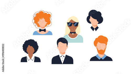 Set of diverse human avatars showing different hairstyles, skin tones, and clothing in a flat design style.