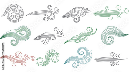 Set of decorative wind or breeze line art symbols in various colors and swirling patterns for weather icons.