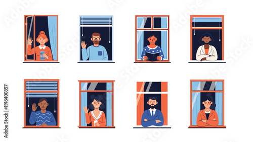 People of different backgrounds looking out of their apartment windows while waving or standing during lockdown.