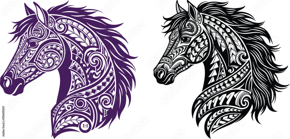 Fototapeta premium Majestic horse head illustrations adorned with intricate tribal patterns, symbolizing strength and wild spirit in animal art