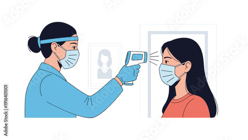 Healthcare professional in a gown and mask checking a patients temperature using an infrared forehead thermometer.