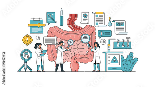 Medical infographic illustration of the human digestive system with doctors analyzing the gut with tools.