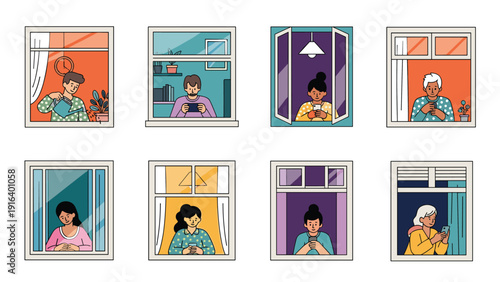 Neighbors visible through their windows while using smartphones, watering plants, and relaxing in their homes.