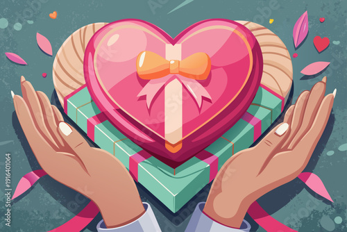 Close up female hands holding pink heart gift box flat lay composition for Valentine birthday Mothers Day celebration symbol of love on concrete background