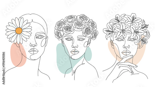 Beautiful minimalist line art drawings of three female faces with daisy, roses, and lilies in their hair.