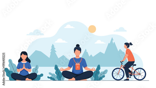 Group of people doing healthy activities like yoga meditation and cycling in a mountain landscape, promoting wellness and active life.