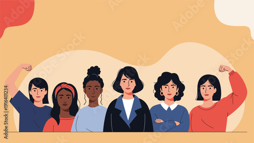 Group of diverse women standing together, representing female empowerment, unity, and international women's day celebration.