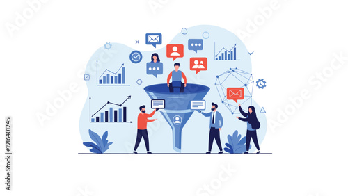 Business team managing sales funnel and customer data with various icons like mail and profiles, marketing strategy and lead generation.
