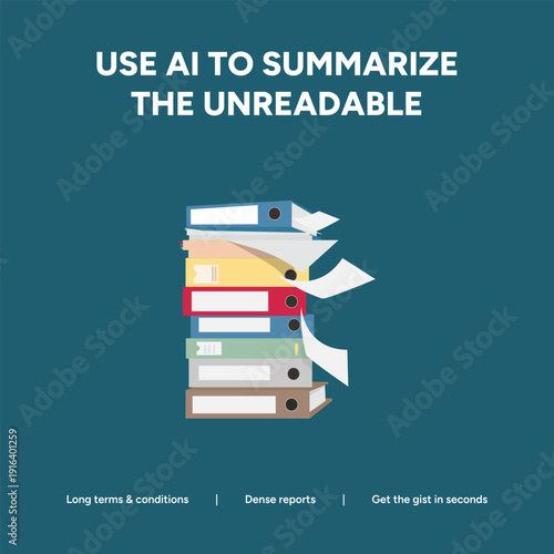 Summarize unreadable documents with AI: A tall stack of binders and papers signifies the ability of artificial intelligence to condense complex information like long terms and conditions.