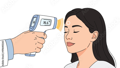 Doctor checking a woman's body temperature using a non contact infrared thermometer gun, health screening and safety protocols.