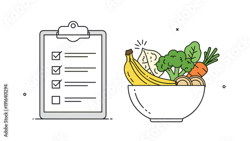 Health check list clipboard next to a bowl of fresh fruits and vegetables, concept of nutrition planning and healthy lifestyle goals.