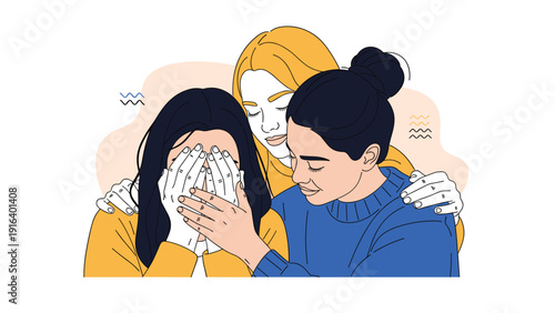 Group of friends comforting and hugging a crying woman, representing support, empathy, and friendship during difficult times.
