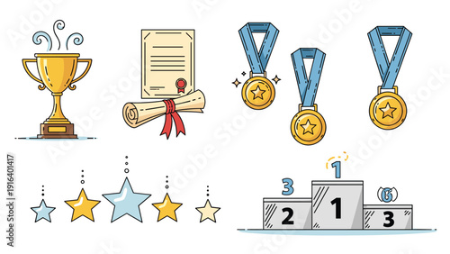 Award set with trophy, diploma, medals, star rating, and winner's podium, representing achievement, success, and competition victory.