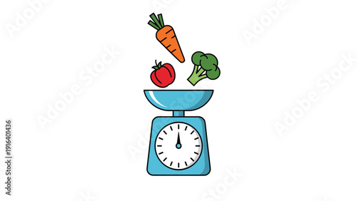 Kitchen scales with vegetables like carrot, tomato, and broccoli falling into it, concept of calorie counting and healthy cooking.