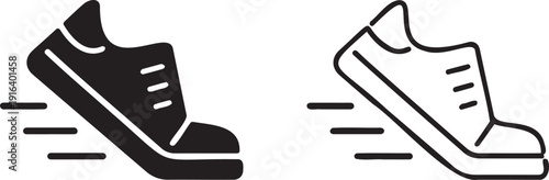 Vector icon set featuring a black solid running shoe and an outline version, both with speed lines, isolated on a transparent background for fitness apps or web UI.