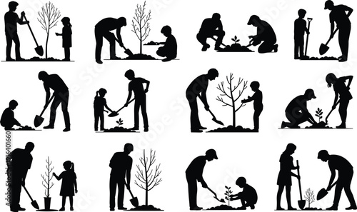 People and children planting trees together, family and community gardening silhouettes, environmental conservation theme, sustainable lifestyle concept, black and white vector illustration