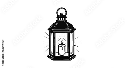Vintage Lantern with Burning Candle, Old Fashioned Light Source, Black and White Illustration