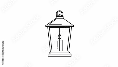 Vintage Lantern with Candle Flame, Black and White Line Art Illustration