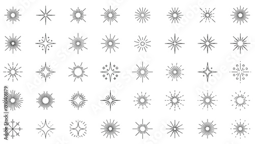 Set of various sparkle and starburst symbols in line art, decorative elements for magic, shine, and clean surface effect.