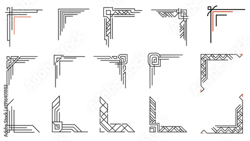 Collection of art deco style corner frames and borders, decorative geometric line designs for invitation and page layouts.
