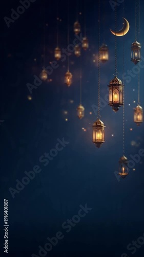 Radiant Hanging Lanterns Illuminating a Serene Night Sky Under the Gaze of a Luminous Crescent Moon, Perfect for Festive Occasions and Ambiance