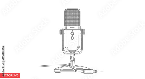 Vintage Microphone Sketch, Retro Audio Recording Equipment, Studio Broadcast Icon