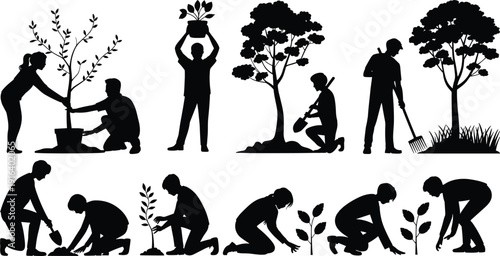 People planting and caring for trees, gardening activities silhouette collection, environmental conservation theme, sustainable lifestyle concept, black and white vector illustration