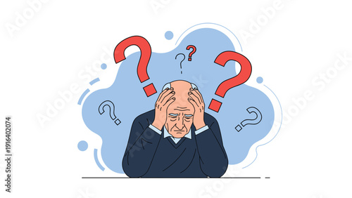 Elderly man looking confused and stressed while surrounded by question marks symbolizing memory loss or dementia symptoms.