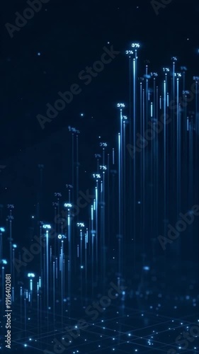 Abstract digital network connections with glowing data points on a dark blue background, representing technology and global connectivity
