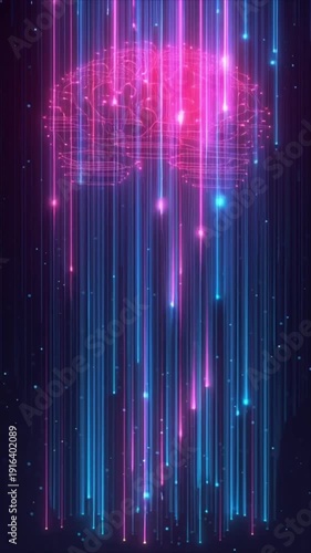 Abstract digital illustration of a glowing neon brain with lines of light falling downwards, symbolizing artificial intelligence and neural networks