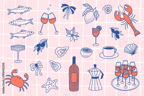 Hand drawn italian food set on pink checkered bg. Wine vector sketch set. Wine glass, bottle, grape, olive, cheese, tomato, lemon, oyster. Dolce vita aesthetics. Perfect for print, menu, sticker.