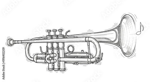 Vintage Trumpet Sketch with Musical Notes, Hand-Drawn Illustration