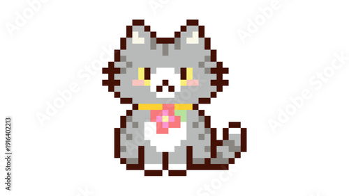 Cute Grey Pixel Art Cat Sitting with Pink Flower Collar Isolated on White