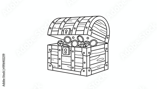 Treasure Chest Filled with Gold Coins and Jewels - Coloring Page